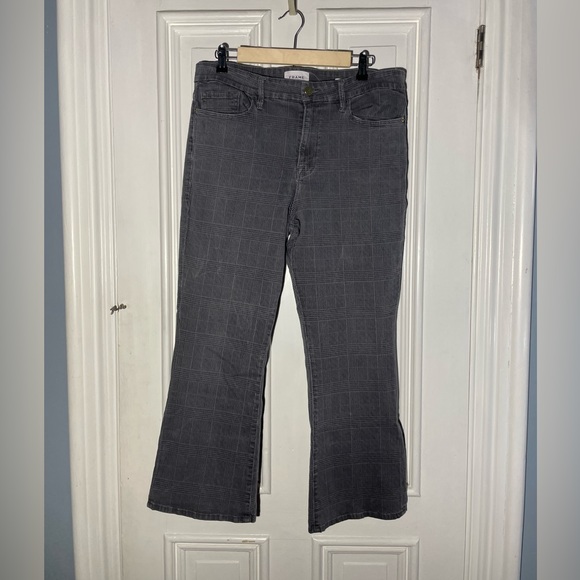FRAME Le Crop Mini Boot checked mid-rise kick-flare jeans size 33 glen plaid - Picture 3 of 16